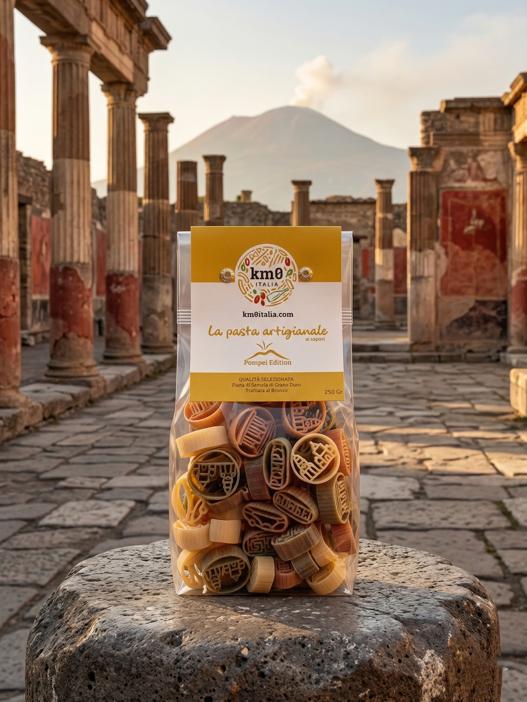 Pasta di Pompei Km0italia con forme ispirate a Pompei, gusto spinaci e peperoncino