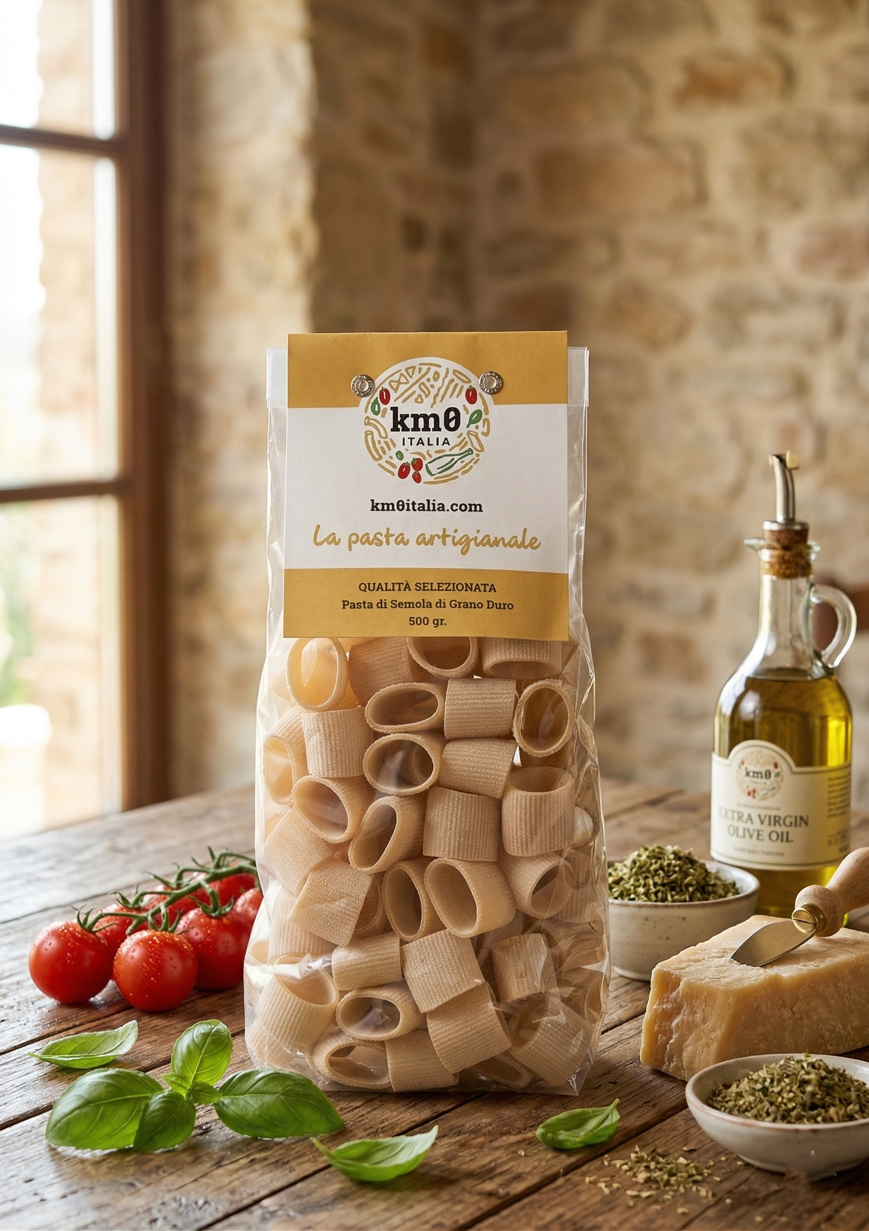 Mezzi Paccheri Rigati Km0italia pasta artigianale rigata in primo piano con ragù