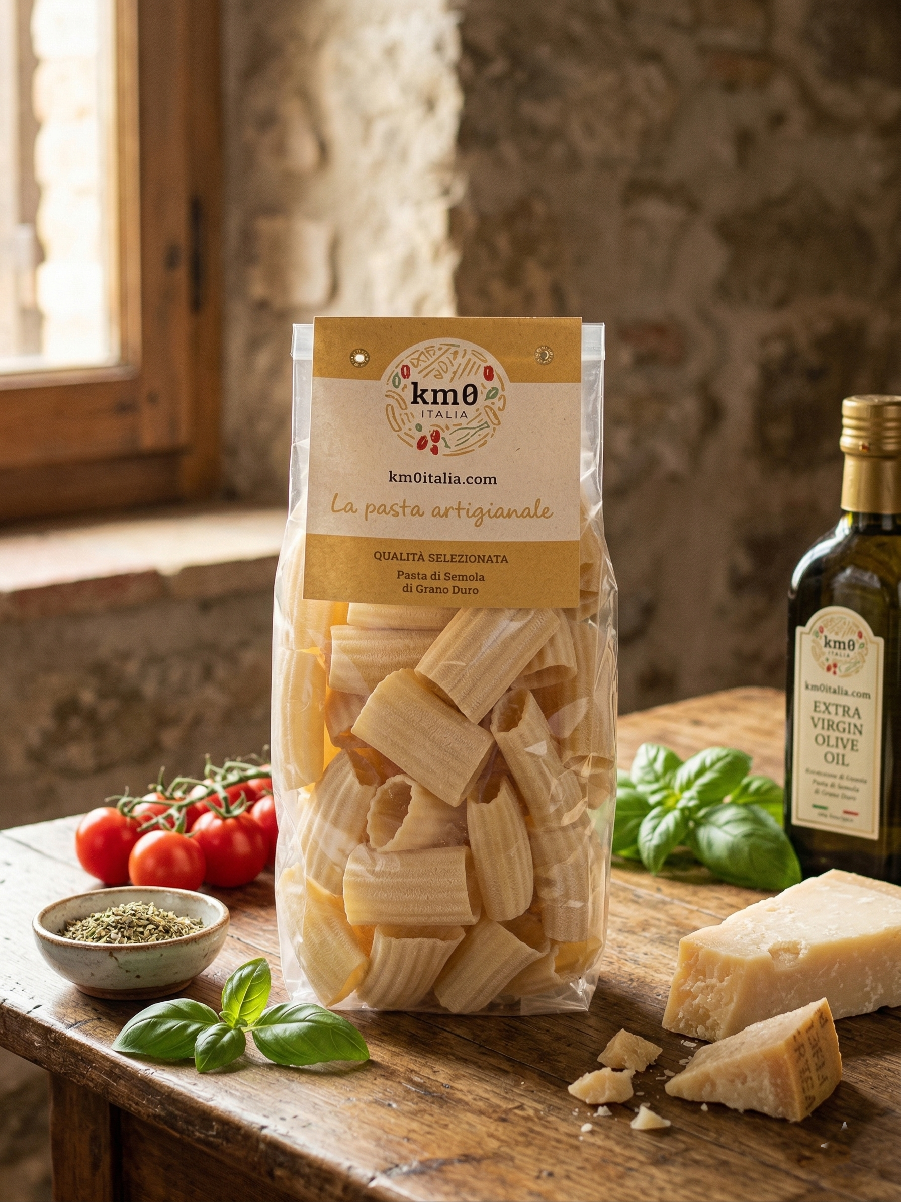 Paccheri ondulati Km0italia pasta artigianale in primo piano con ragù