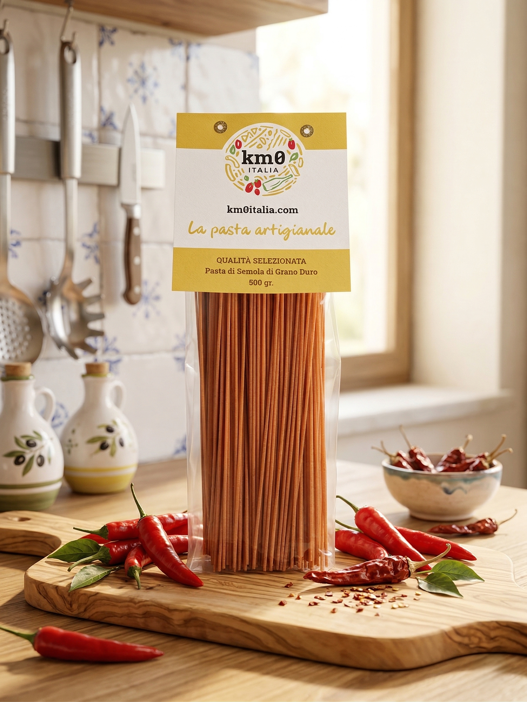 Spaghetti al Peperoncino Km0italia con peperoncini freschi e olio extravergine di oliva