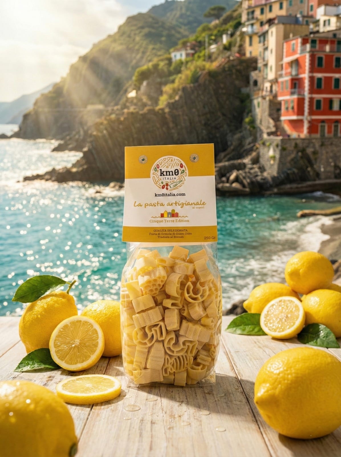 Pasta 5 Terre al limone Km0italia con forme ispirate alle Cinque Terre formato souvenir