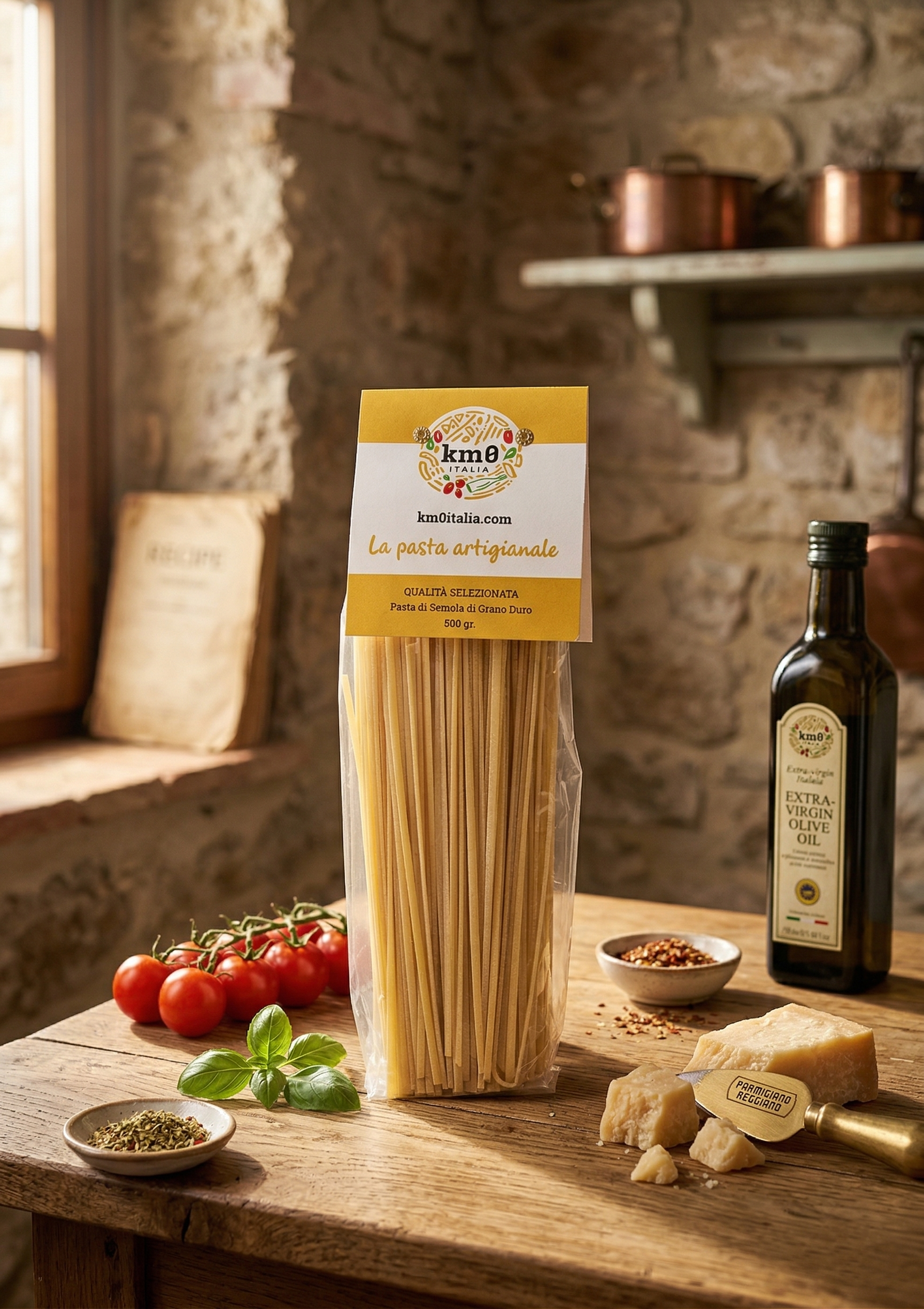 Linguine Km0italia pasta artigianale in primo piano con sugo di mare