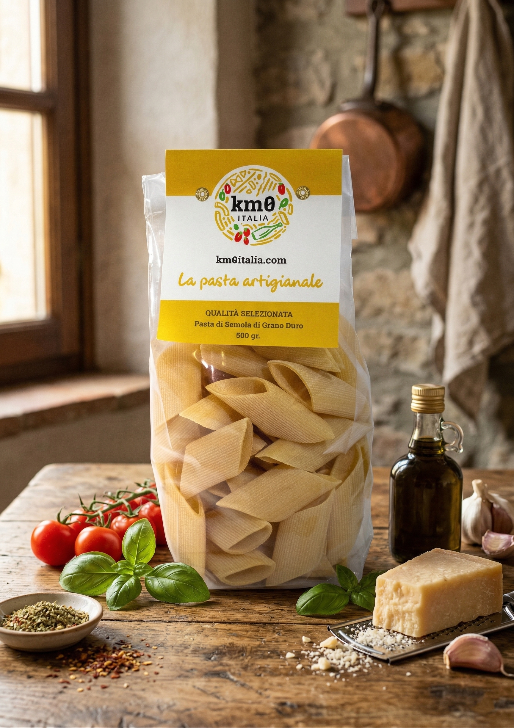 Pennoni Km0italia pasta artigianale rigata in primo piano
