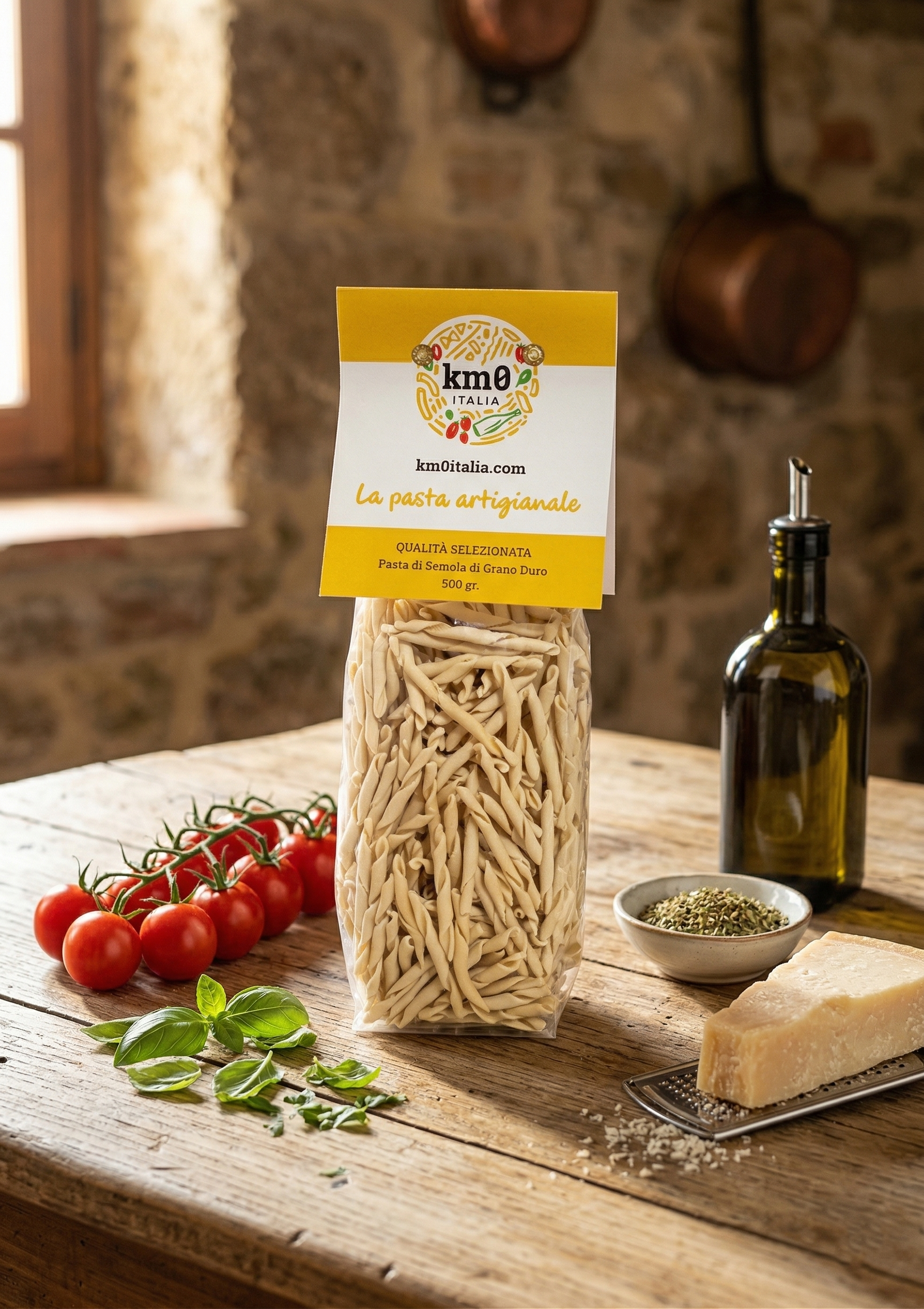 Fusilli caserecci Km0italia pasta artigianale attorcigliata in primo piano con ragù