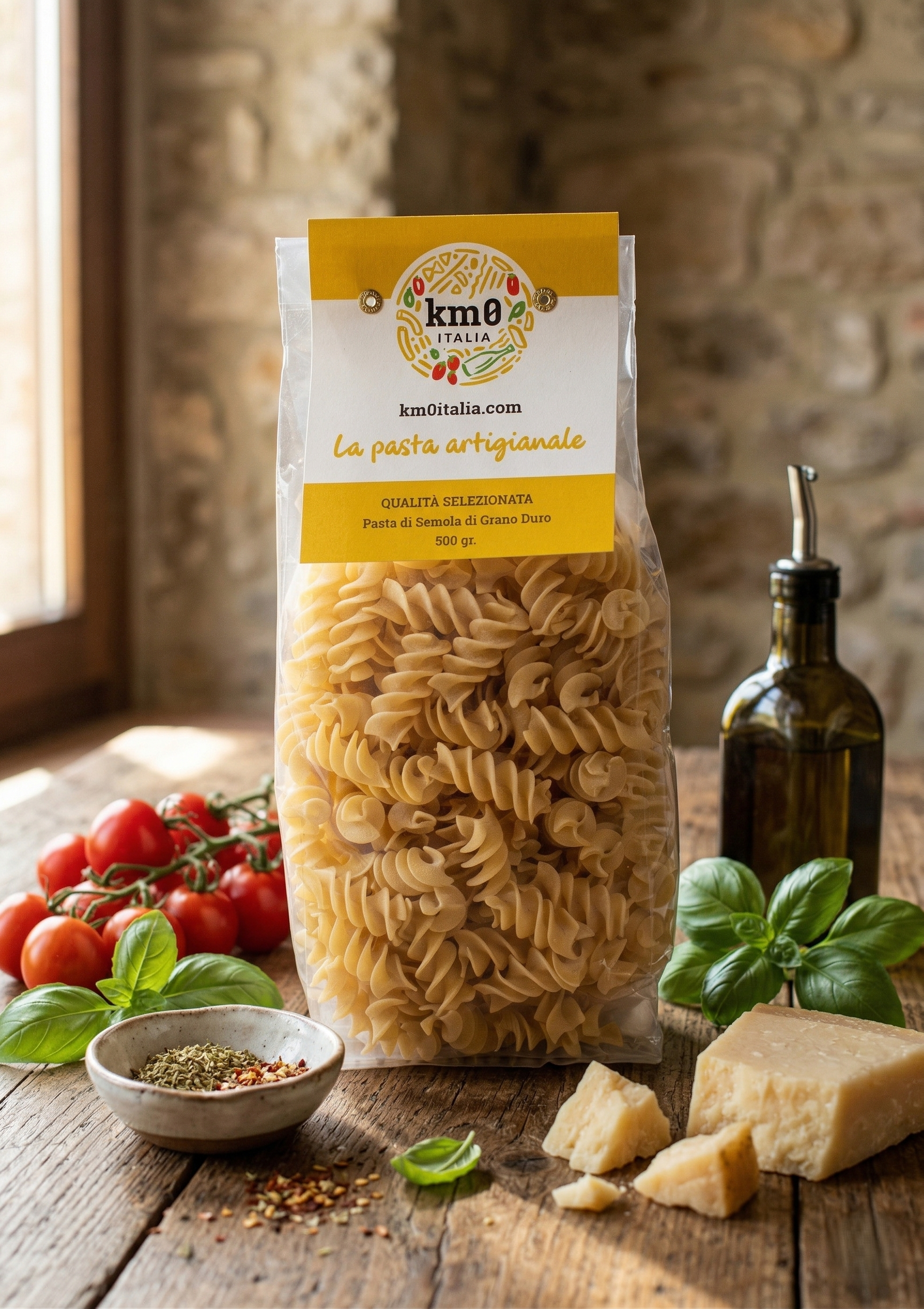 Fusilloni Km0italia pasta artigianale spiralata in primo piano con sugo ricco