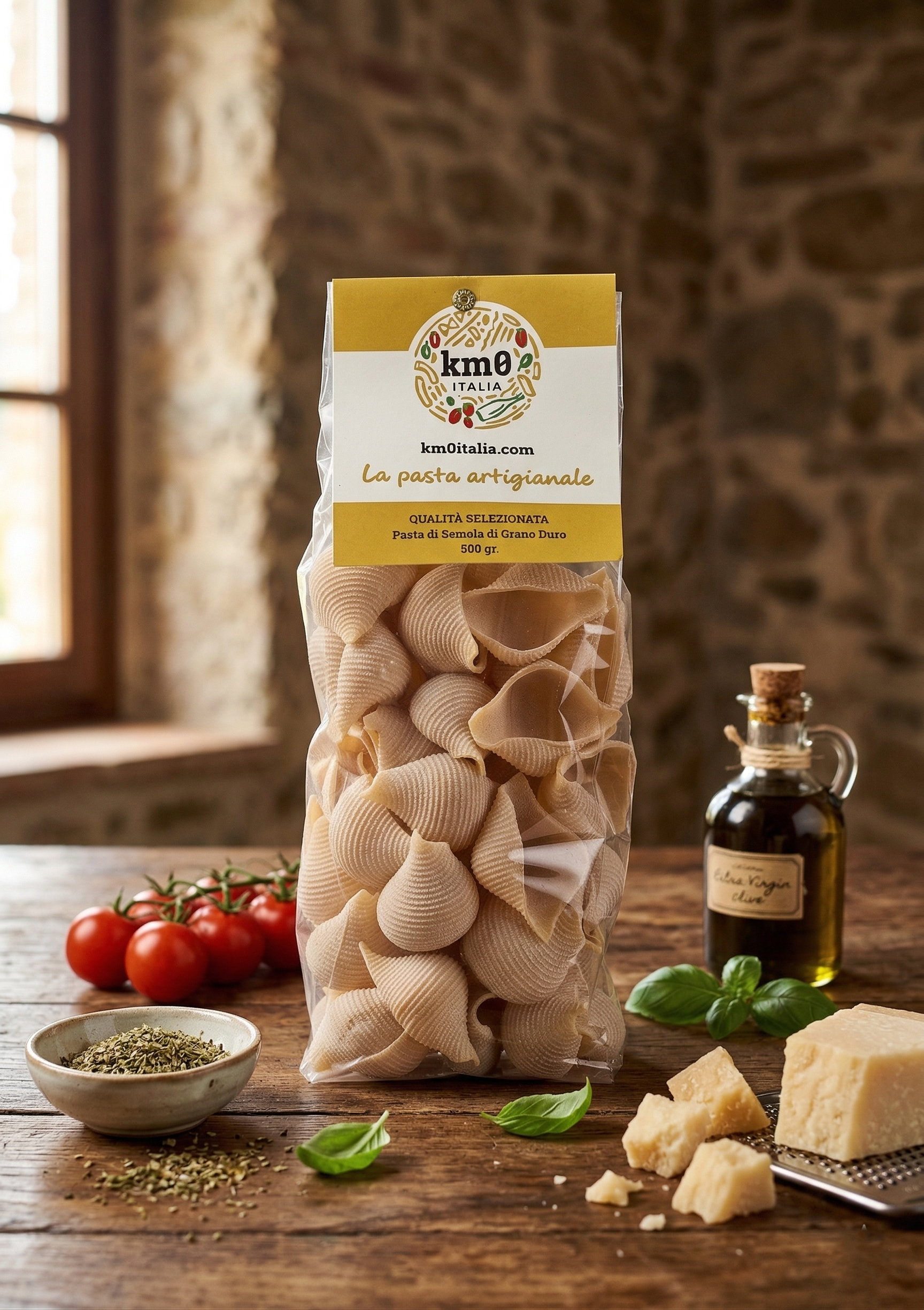 Conchiglioni Km0italia pasta artigianale a conchiglia in primo piano con ripieno di ragù