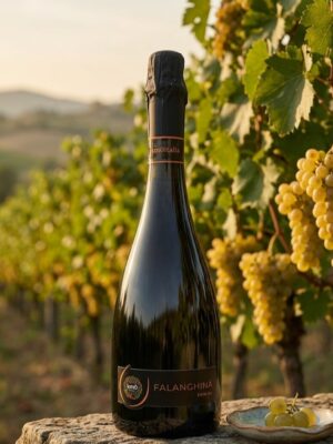 Falanghina Km0italia vino bianco in bottiglia con calice e riflessi dorati