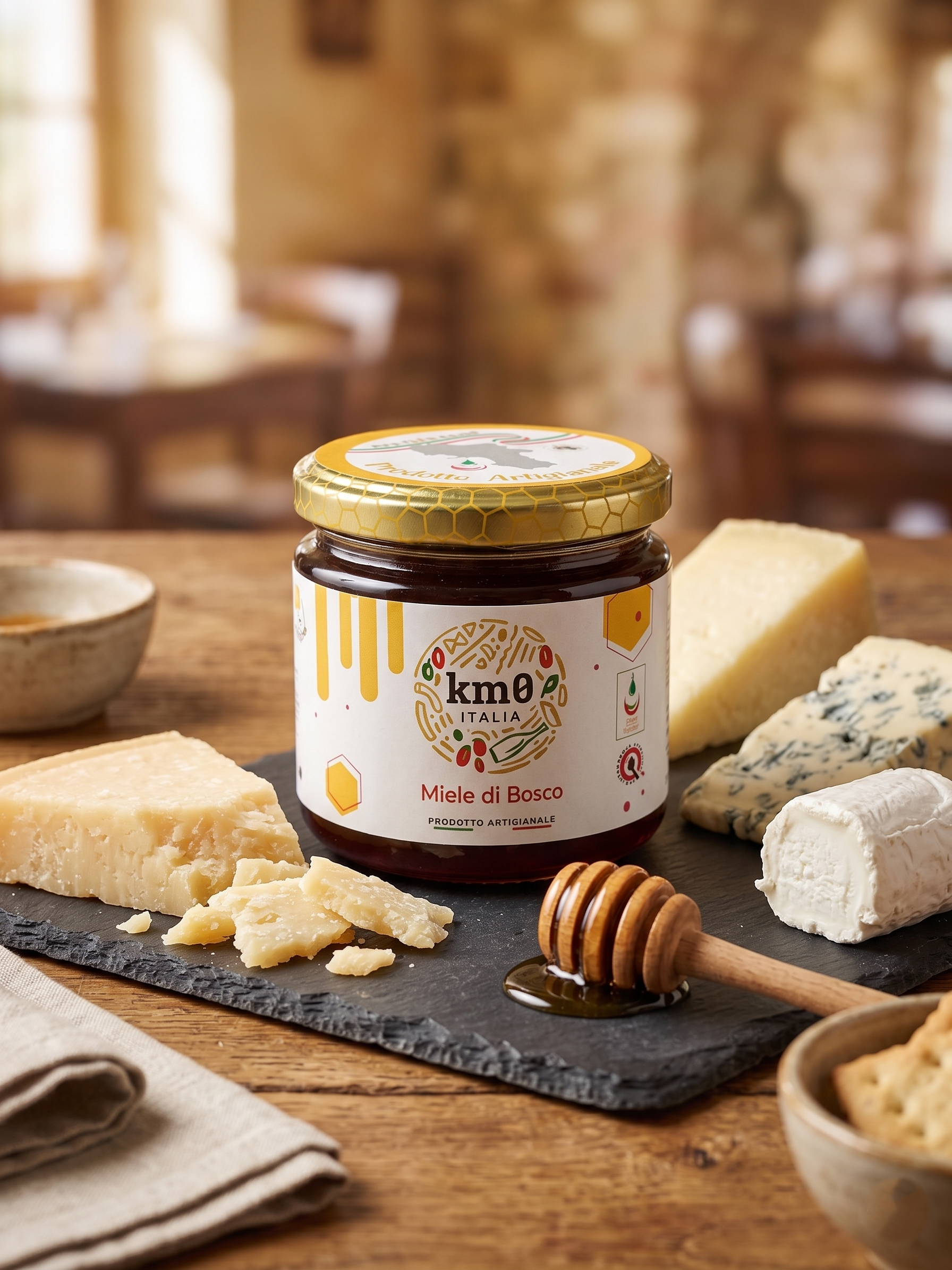 Miele di bosco Km0italia in vasetto con colore scuro e consistenza naturale