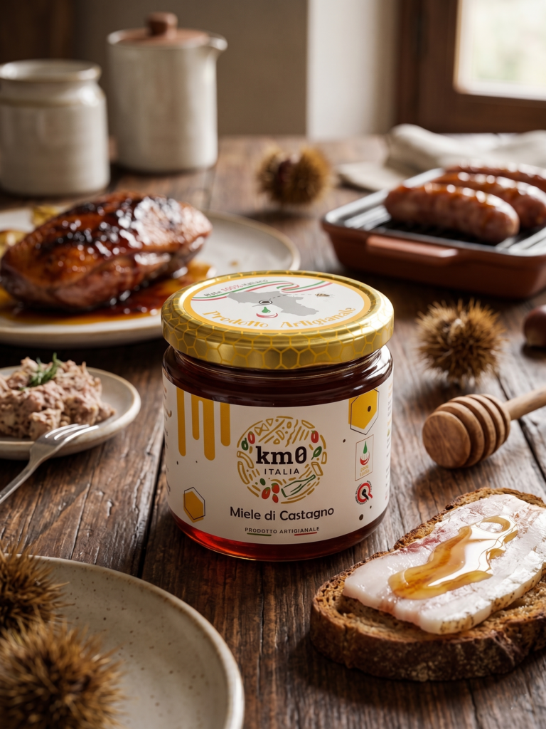 Miele di castagno Km0italia in vasetto con colore scuro e consistenza fluida