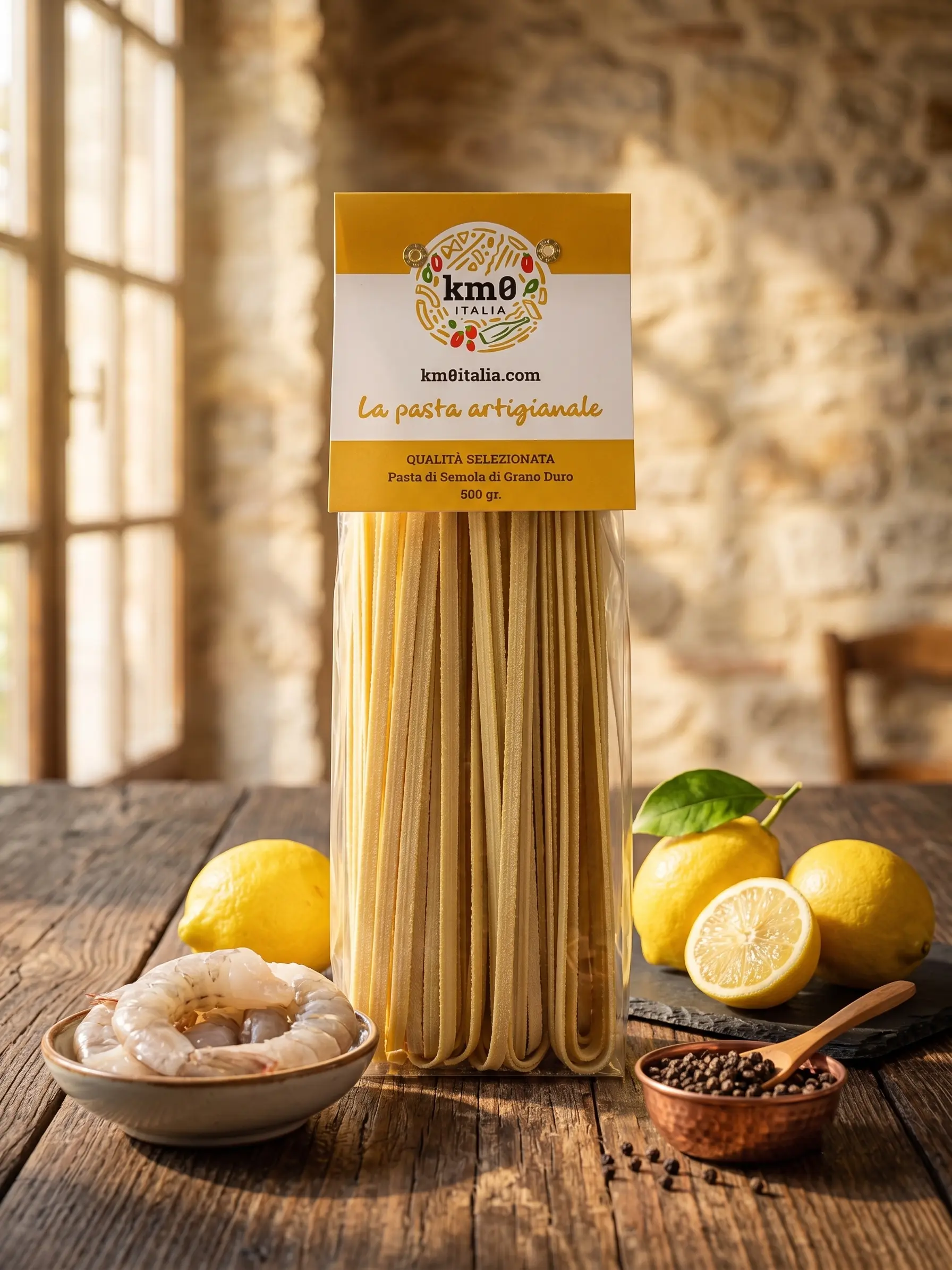 Tagliatelle rigate limone e pepe Km0italia trafilate al bronzo in primo piano con aroma agrumato e speziato.